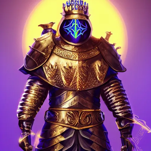 Image similar to a highly detailed knight with glowing purple eyes in a T golden helmet and a golden crown with a blue diamond in the center, golden armor, leather clothes under the armor, leather gloves, holds a black sword, artstation, DeviantArt, professional, octane render, sunset lighting