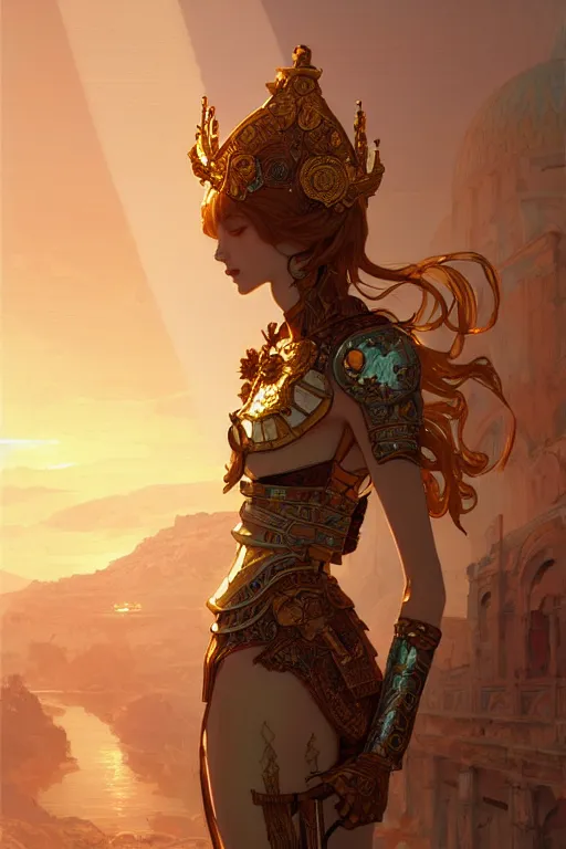 Image similar to portrait knights of zodiac girl, golden and copper shining armor, in ruined agora of athens sunrise, ssci - fi and fantasy, intricate and very very beautiful and elegant, highly detailed, digital painting, artstation, concept art, smooth and sharp focus, illustration, art by tian zi and wlop and ilya kuvshinov and alphonse mucha