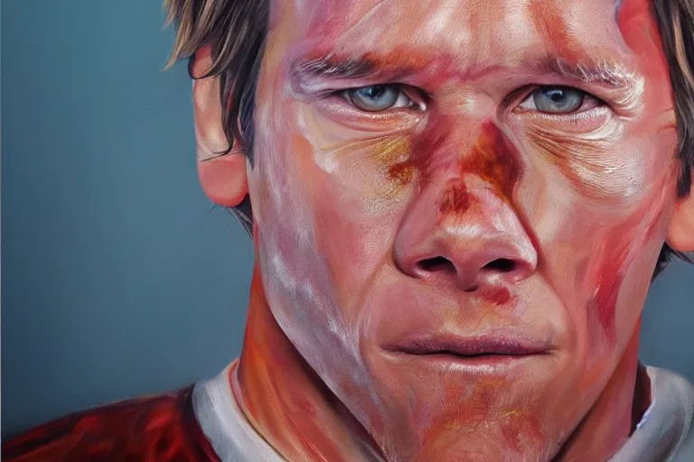 Image similar to an ultra realistic painting of kevin bacon, bacon rasher wrapped around his face, 8 k, cinematic, movie still