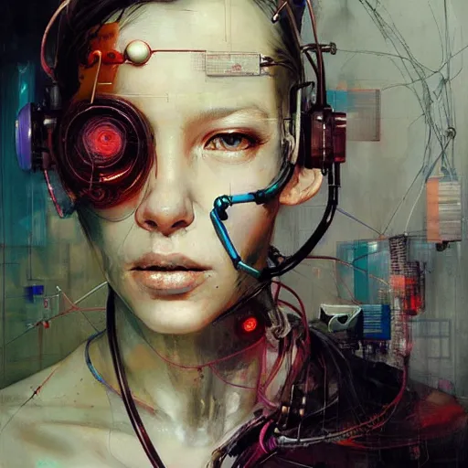 Image similar to female cyberpunk hacker dream thief, wires cybernetic implants, in the style of adrian ghenie, esao andrews, jenny saville,, surrealism, dark art by james jean, takato yamamoto