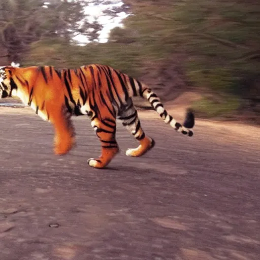 Prompt: screenshot of go pro footage emma watson running in front of tiger