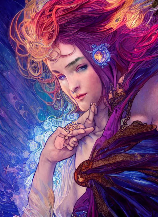 Image similar to Lightning Sorceress, ambient lighting, 4k, josephine wall, alphonse mucha, lois van baarle, ilya kuvshinov, rossdraws, artstation