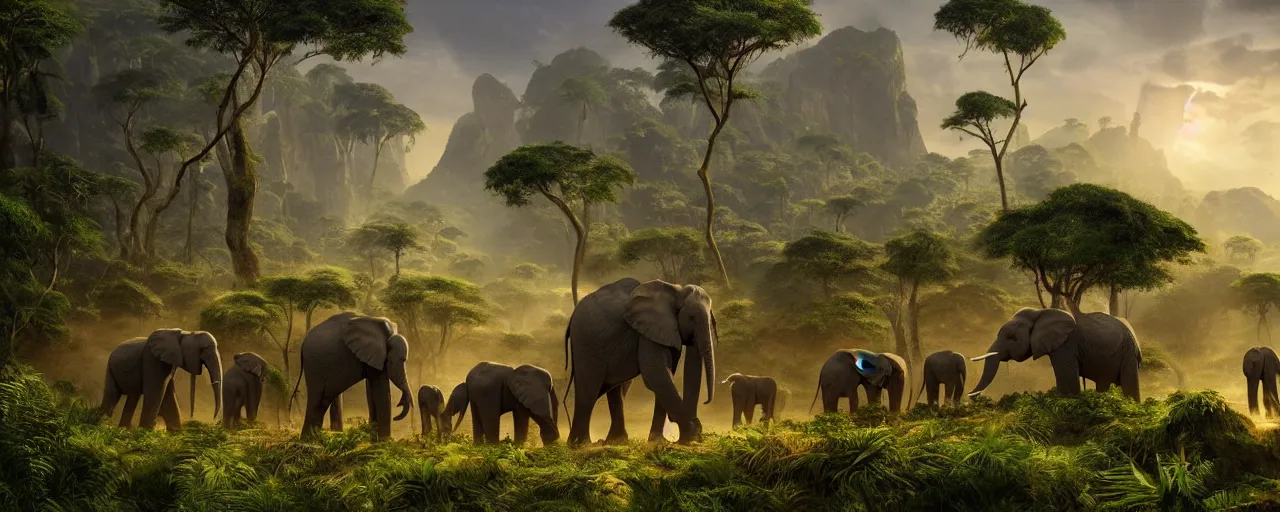 Prompt: African elephants in the jungle, beautiful dynamic lighting, cinematic, wide angle establishing shot, extremely high detail, photo realistic, cinematic lighting, post processed, concept art, artstation, matte painting, style by frederic church, raphael lacoste, unreal engine 8k