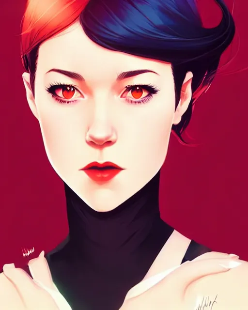 Image similar to style of ilya kuvshinov, artgerm, loish : : gorgeous mary elizabeth winstead : : evil sorceress, swirling black magic, black dress : : symmetrical face, symmetrical eyes : : full body pose : : gorgeous red hair : : cinematic lighting : :