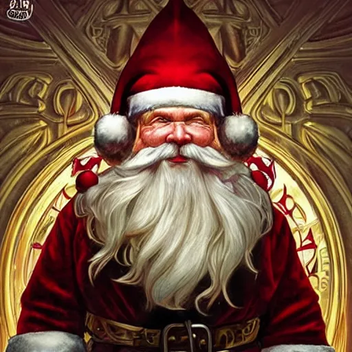 Image similar to santa claus wearing a viking helmet, art by artgerm, greg rutkowski and alphonse mucha