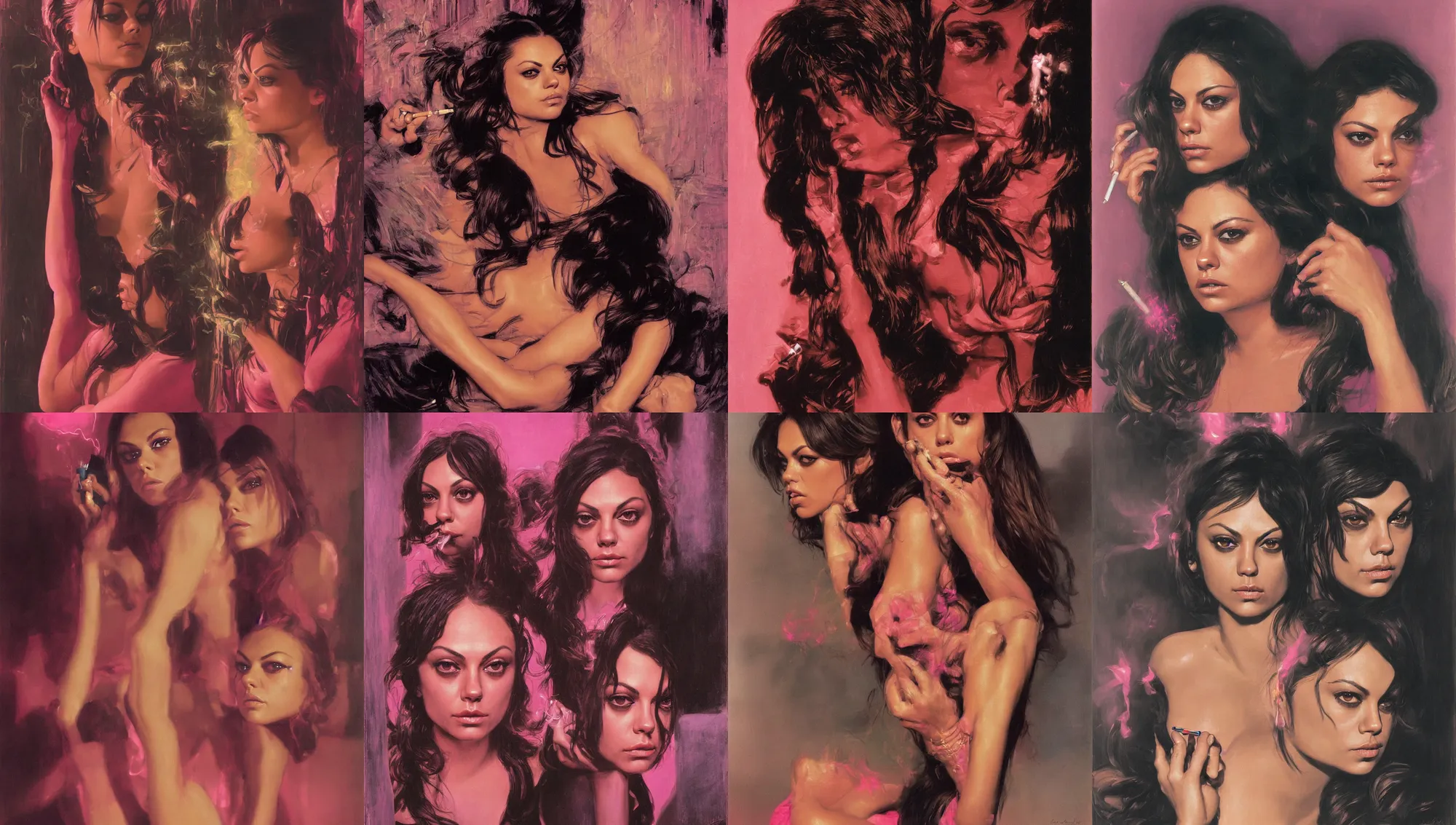 Image similar to close portrait of mila kunis looking into the camera leaning back against a wall smoking a cigarette, pink neon street, 1 9 7 0 s, intricate, moody, personal, highly detailed, short focus depth, donato giancola, joseph christian leyendecker, frank frazetta, alex horley, ralph horsley, michael whelan