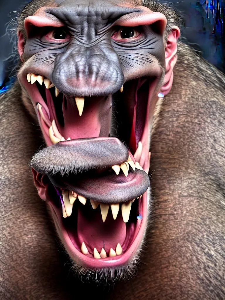 Image similar to a formal portrait photograph of a screaming man transforming into a hairless baboon