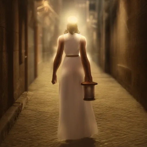 Image similar to a girl in a white dress, holding a lantern, dramatic lighting, walking through a dark alleyway surrounded by tall buildings, 8k, trending on artstation, drawn by wlop