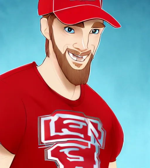 Prompt: tall skinny white guy with very short blonde beard wearing an nc state red baseball cap and red shirt full color digital illustration in the style of don bluth, artgerm, artstation trending, 4 k