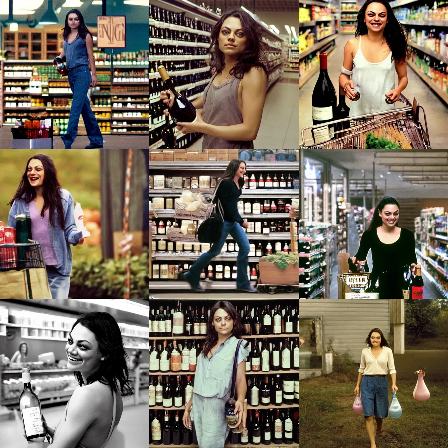 Image similar to face portrait of laughing Mila Kunis walking out of the grocery store holding bottles of wine, Gregory Crewdson, Joel Sternfeld