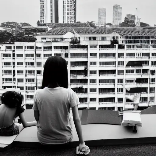 Prompt: solemn photo of two singaporean students sitting on the roof of a hdb flat, black and white, award winning, composition