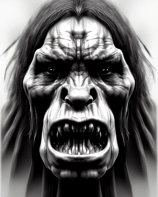 Image similar to orc, hyper realism, fine details, deviantart artstation, extremely detailed, black and white, very sharp, in the style of albrecht durer