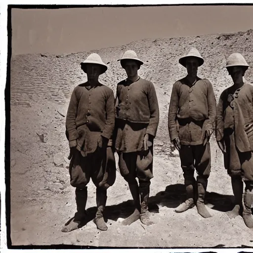 Image similar to ultra detailed photorealistic sepia - toned photo from 1 9 1 7, three clean - shaven british soldiers standing with two bedouin traders in traditional arab garb, at an archaeological dig site, ultra realistic, painted, intricate details, lovecraft, atmospheric, dark, horror, brooding, highly detailed, by clyde caldwell