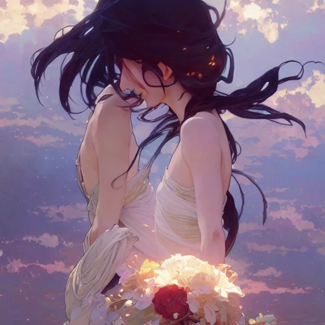 Image similar to the most important thing is you're happy, i understand that. oil painting, byross tran and alphonse mucha greg rutkowski makoto shinkai