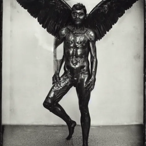 Image similar to Wet plate image of a mythic man, age 34, Standing outside 30 Rockefeller Center, He has large black wings, Dark photo, Slightly blurred,