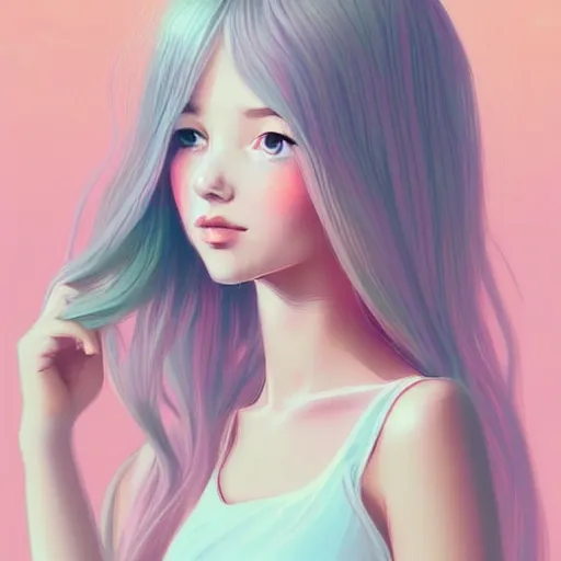 Image similar to young female in summer dress art, pastel light pink long hair, muted colors, matte print, pastel colors, ornate, digital art, digital painting, fan art, elegant, artstation, head is centered, by Ilya Kuvshinov