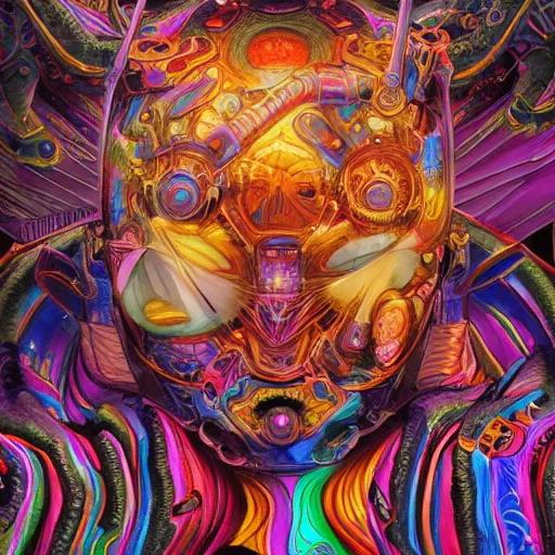 Image similar to An extremely psychedelic experience, colorful, surreal, mecha, LSD, face, jet turbine, tarot, detailed, intricate, elegant, highly detailed, super detailed, insane detailed, digital painting, concept art, smooth, sharp focus, octane render, illustration, art by josan gonzales, Krenz Cushar, Marco Plouffe, dan mumford, Artem Demura and alphonse mucha