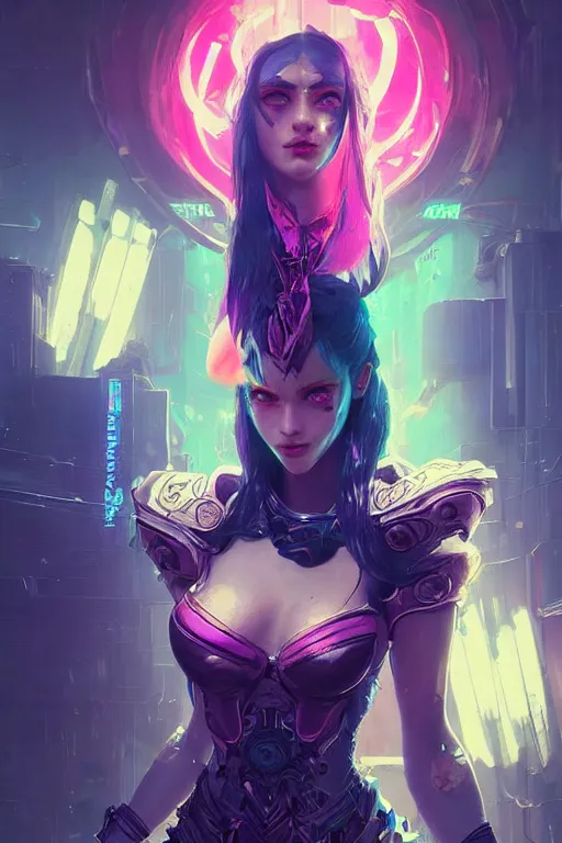 Image similar to morgana from league of legends, cyberpunk futuristic neon. decorated with traditional japanese ornaments by ismail inceoglu dragan bibin hans thoma greg rutkowski alexandros pyromallis nekro rene maritte illustrated, perfect face, fine details, realistic shaded, fine - face, pretty face, masterpiece