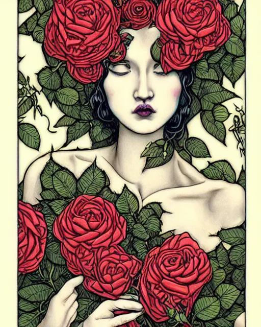 Image similar to lady overgrown with roses tarot card by james jean, masterpiece, intricate, very detailed, realistic eyes, abstract, vivid, aesthetic
