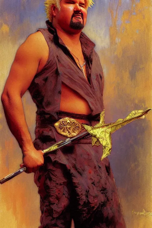 Image similar to guy fieri figure painting, painting by gaston bussiere, craig mullins, greg rutkowski, alphonse mucha