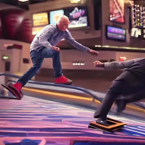 Image similar to kenny g doing a kickflip over patrick stewart at dave & busters, epic, cinematic, realism, ultra detailed, 8 k