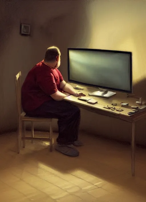 Prompt: insanely detailed chiaroscuro image of a exhausted - looking slightly fat casually - dressed programmer guy on his knees facing his glowing ultrawide computer monitor monitor begging it for forgiveness, oil on canvas, masterwork, fine detail, trending on artstation, emotive, insanely compelling, greg rutkowsky, moebius