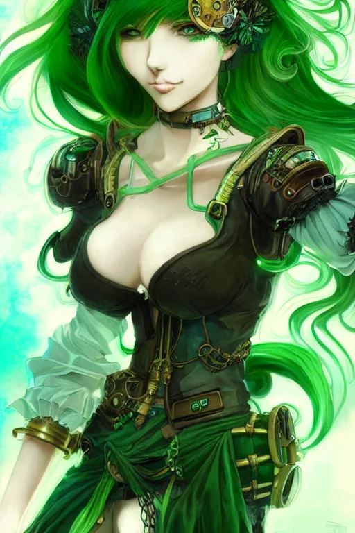 Image similar to beautiful green hair anime woman, modern, steampunk, fantasy, eerie, intricate details, pixiv, digital painting, artstation, concept art, 8 k, art by artgerm and alohonse mucha and eiichiro oda