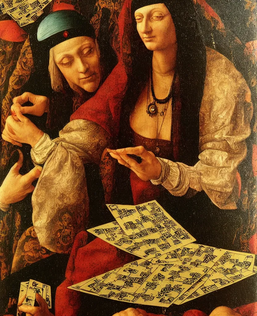 Image similar to an oil painting of a renaissance fortune teller with tarot cards in the style of Leonardo DaVinci