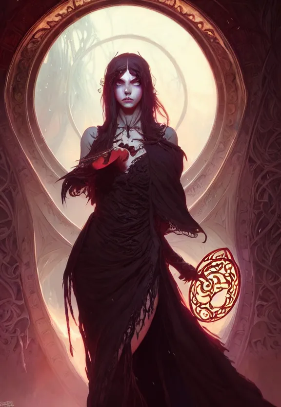 Image similar to Necromancer Sorceress in center, fantasy magic, undercut hairstyle, dark light night, intricate, elegant, sharp focus, illustration, highly detailed, digital painting, concept art, matte, art by WLOP and Artgerm and Greg Rutkowski and Alphonse Mucha, masterpiece