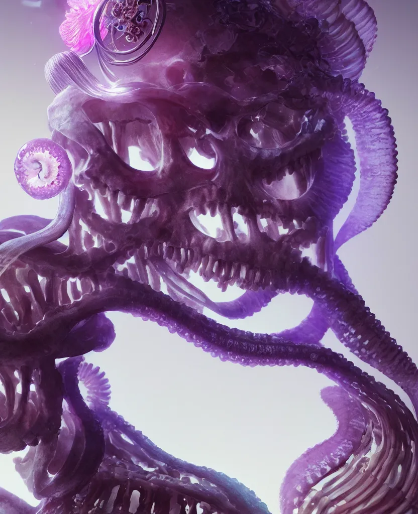 Image similar to goddess close - up portrait human skeleton, ram skull, squid phoenix jellyfish, orchid, betta fish, bioluminiscent, intricate artwork by tooth wu and wlop and beeple. octane render, trending on artstation, greg rutkowski very coherent symmetrical artwork. cinematic, hyper realism, high detail, octane render, 8 k