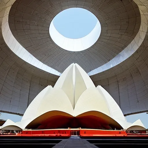 Image similar to futuristic lotus temple space station with gold, red and white marble panels, by buckminster fuller and syd mead, intricate contemporary architecture, photo journalism, photography, cinematic, national geographic photoshoot