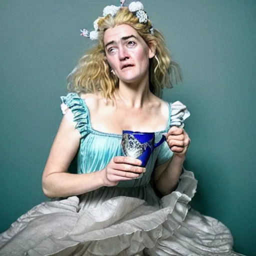 Prompt: A 18th century, messy, silver haired, (((mad))) elf princess (look like ((thirtysomething Kate Winslet))), dressed in a frilly ((ragged)), wedding dress, is ((drinking a cup of tea)). Everything is underwater! and floating. Greenish blue tones, theatrical, (((underwater lights))), high contrasts, fantasy water color, inspired by John Everett Millais's Ophelia