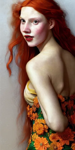 Prompt: infp young woman, smiling amazed, golden fireflies lights, full covering intricate detailed dress, amidst nature, long red hair, accurate linework, green eyes, small nose with freckles, oval shape face, realistic, expressive emotions, dramatic lights, hyper realistic ultrafine art by artemisia gentileschi, caravaggio, jessica rossier, boris vallejo