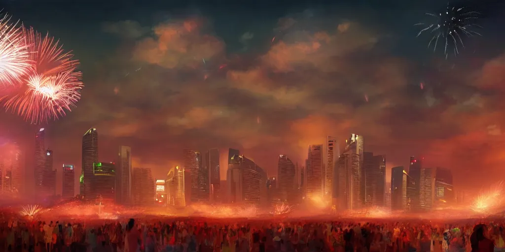 Prompt: Singapore city with a lion-shaped cloud in the sky and fireworks in the sky, by Charlie bowater, red and white lighting, digital art, ultra realistic, ultra detailed, photorealistic, 4k, character concept