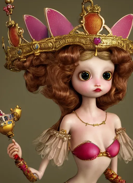 Image similar to highly detailed closeup, profile portrait of a tin toy fairytale princess wearing a crown, bikini, unreal engine, nicoletta ceccoli, mark ryden, earl norem, lostfish, global illumination, detailed and intricate environment