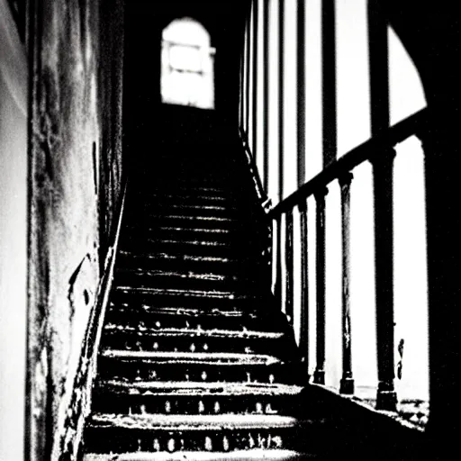 Image similar to grainy photograph of a dark and dilapidated staircase with 2 1 savage sitting on the bottom step, positioned at the bottom step looking up the staircase, a ghost inn the darkness at the top of the stairs