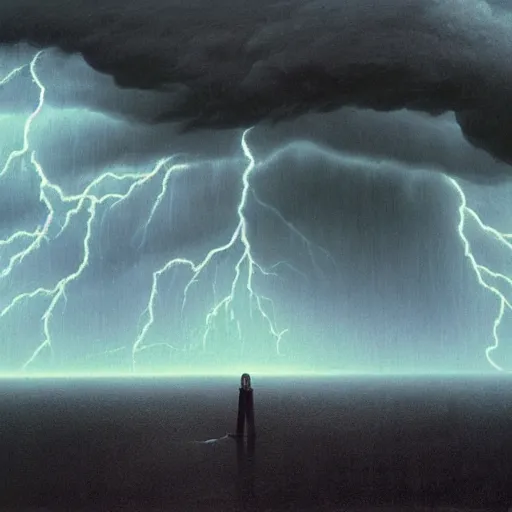 Image similar to killua zoldyck made by zdzisław beksinski, thunderstorm, 8 k, detailed, cinematic, rain, crying, black