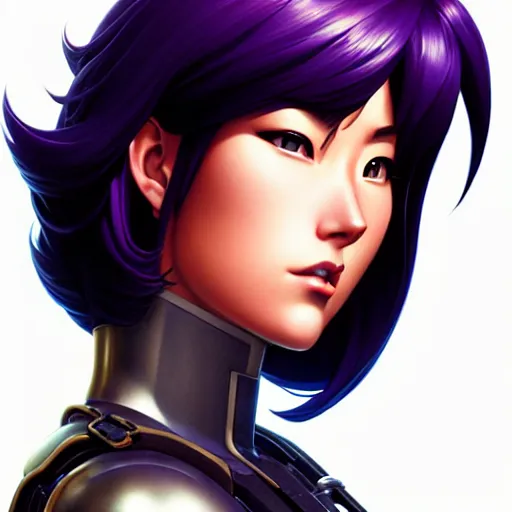 Image similar to head and shoulders portrait of Motoko Kusanagi, Fortnite illustration, medium shot, intricate, elegant, highly detailed, digital art, ffffound, art by gil elvgren and JC Leyendecker and sachin teng