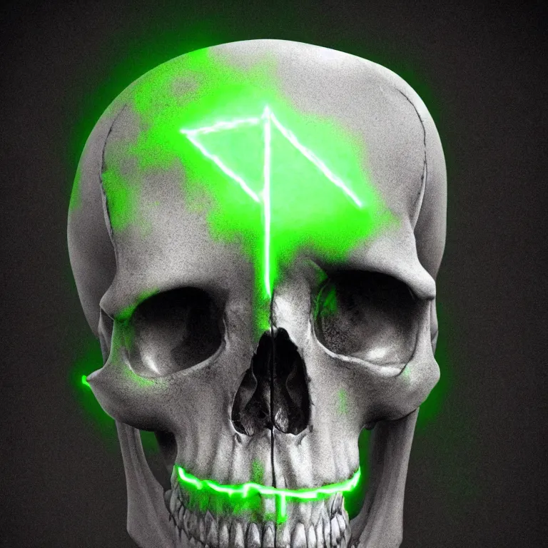 Image similar to photorealistic dark fantasy concept art of a glowing human skull with a green neon outline and a Pentagram on it's forehead, dynamic lighting, stunning visuals, realism, cinematic, hyper detailed, ultra detailed, beautiful visuals