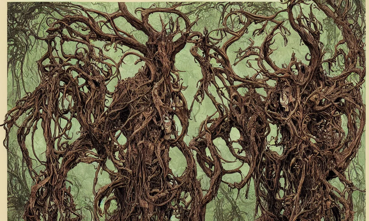 Image similar to hyperdetailed art nouveau portrait of treebeard and old groot as a cthulhu eyeball moose skull wendigo swamp thing cryptids, by michael kaluta, simon bisley and bill sienkiewicz, photorealism, claws, skeleton, antlers, fangs, forest, wild, bizarre, scary, lynn varley, lovern kindzierski, steve oliff