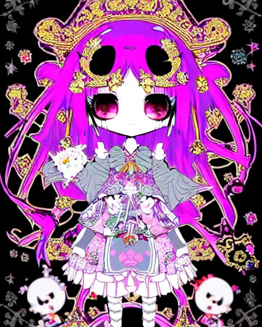 Image similar to baroque bedazzled gothic royalty frames surrounding a pixelsort emo demonic horrorcore japanese beautiful jester decora moe doll, low quality sharpened graphics, remastered chromatic aberration, detailed maximalist sanrio art