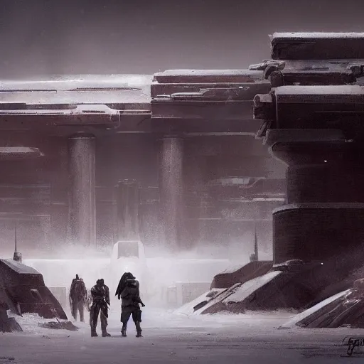 Prompt: star wars concept art by greg rutkowski, a brutalist - looking and imposing temple in the middle of a snowy, dark and hostile landscape, strong blizzards, poor lighting, evil atmosphere, artstation hq.