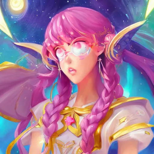 Prompt: a high fantasy portrait of a celestial magical girl, sailor moon, star guardians very beautiful, very attractive, trending on artstation, cool color scheme, unreal engine, semi - realism, deviant art, painted by rossdraws and artgem and loish