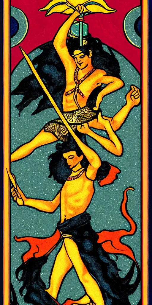 Image similar to the fool, rider - waite tarot card with an art deco boarder, high quality, digital painting