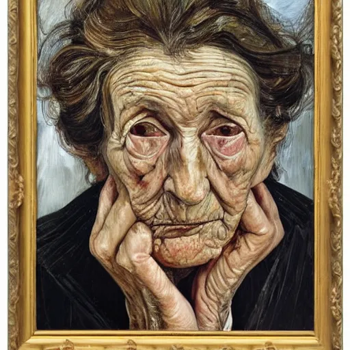 Prompt: Oil painting Portrait of a sad old Woman, by Lucian Freud, Abstract brush strokes, Masterpiece