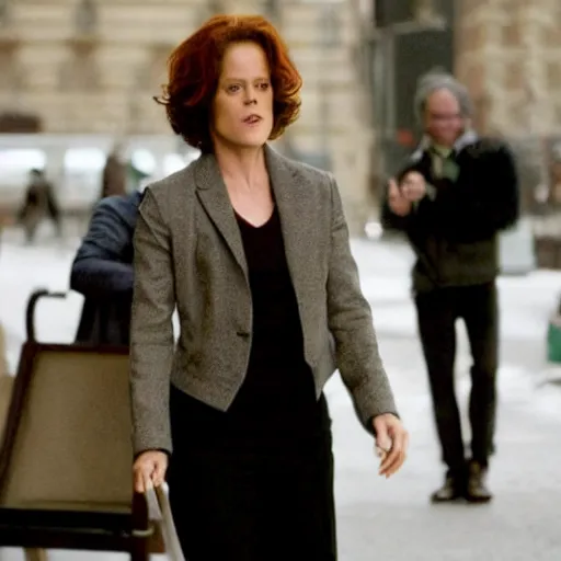 Prompt: movie still of sigourney weaver in the devil wears prada