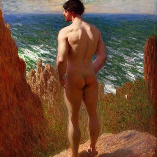 Image similar to an attractive male standing on a cliff, clothed!!!!, looking out at the ocean, by gaston bussiere, craig mullins, j. c. leyendecker, claude monet
