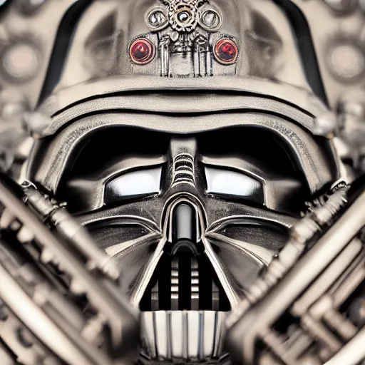 Image similar to A close up symmetric steampunk darth vader mask with sparkling eyes made from ornate engraved full plate armor and Rolex gears and jewels and gems, macro shot by Justin Gerard, unreal engine, detailed, intricate, physically based rendering