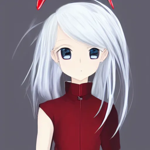 Image similar to white hair, red eyes, two small horn on the head, anime style, anime girl