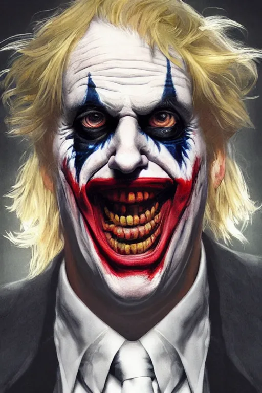 Image similar to Boris Johnson as Joker from The Dark Knight, portrait, highly detailed, digital painting, artstation, concept art, smooth, sharp focus, illustration, cinematic lighting, art by artgerm and greg rutkowski and alphonse mucha